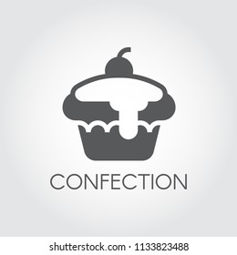 Cake glyph icon. Confection symbol. Sweet dessert black flat logo. Festive cherry pie. Bakery on birthday. Food series. Vector illustration for cooking and gastronomy theme