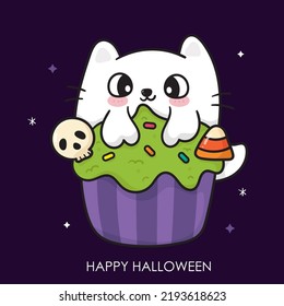 Cake Halloween Ghost cat with skull and candy corn. Cute Witch cartoon (Kawaii vector). Trick or treat kids. Perfect make a wish for background, card, pattern, nursery wall and shirt design.