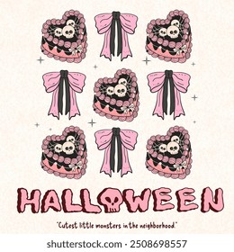 cake Halloween, hand-drawn Halloween icons and illustrations, Halloween dessert, spooky cake, cupcake, Coquette cake, Vintage Pink Cake  with Retro Decorations and Heart sweet, pink