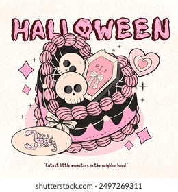 cake Halloween, A set of hand-drawn Halloween icons and illustrations, Halloween dessert, spooky cake, cupcake, Groovy clipart, Cute Spooky Ghost , Halloween