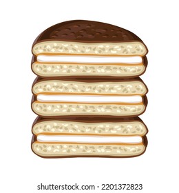 Сhocolate cake halves with white filling, isolated sweet dessert on white background. Vector