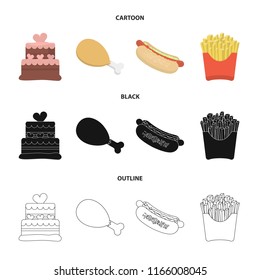 Cake, ham, hot dog, French fries.Fast food set collection icons in cartoon,black,outline style vector symbol stock illustration web.
