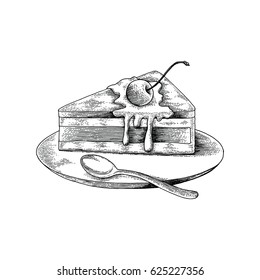 Cake hand drawing antique style on white background