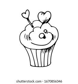Kuchen Hand Zeichnung Umriss Doodle. Kuchen einzeln auf weißem Hintergrund. Geeignet für Postkarten, Grüße, Partys. Stockillustration der Vektorillustration.