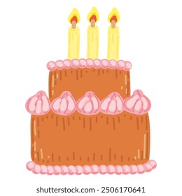 Cake hand drawn flat. Festive dessert with candles. Sweet pastry with cream. Birthday cake. Food for the holiday. Sugar sponge cake. Baker. Vector art image.