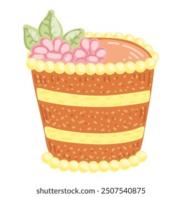 Pastel dibujado a mano plana. Postre festivo con flores. Dulce pastel con crema. Pastel de cumpleaños. Comida para las vacaciones. Pastel de esponja de azúcar. Panadero. Imagen de Arte vectorial.