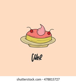 Cake hand drawn objects and symbols with color. cake sketch cartoon style with color, vector illustration