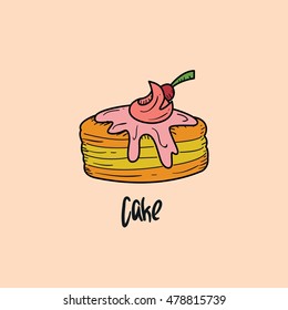Cake hand drawn objects and symbols with color. cake sketch cartoon style with color, vector illustration