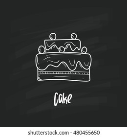 Cake hand drawn objects and symbols with Chalkboard Background. cake sketch cartoon style with color, vector illustration