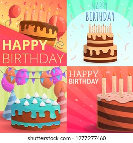 Cake happy birthday banner set. Cartoon illustration of cake happy birthday vector banner set for web design