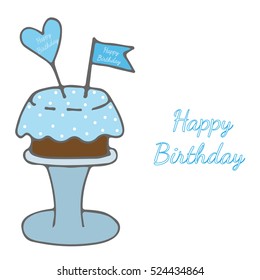 Cake for Happy Birthday with heart and flag with greeting text. Vector illustration.