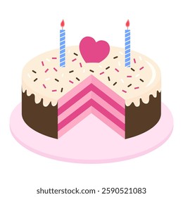 Cake with heart and candles.Strawberry layers cake coat with chocolate and vanilla cream.Cute valentine, birthday, wedding, anniversary cake.Vector graphic illustration.
