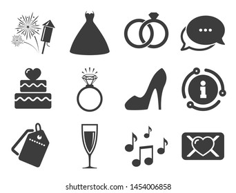 Cake with heart, gift box and vow love letter signs. Discount offer tag, chat, info icon. Wedding, engagement icons. Dress, fireworks and musical notes symbols. Classic style signs set. Vector