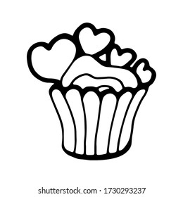 Cake with a heart. Hand drawing outline doodles. Cake design for menu, cafe, restaurant, print, postcard, card, Valentine's Day. Vector illustration.