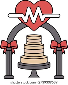 A cake with a heart on top of it and a heart shaped arch over it. The cake is surrounded by pillars and a bow