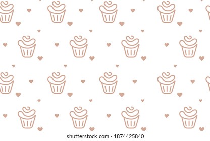 Cake And Heart Seamless Pattern. Icon For Packaging And Pastry Paper. Logo For A Cafe, Bakery And Pastry Shop