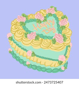 Cake heart shape. Sweet tasty green cake with pink roses, turquoise, yellow color cream decoration. Retro trendy style food. Hand drawn isolated vector illustration. Party, birthday celebration design