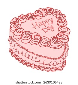 Cake heart shape. Vintage sweet tasty pink cake, red color cream decoration. Retro trendy style food. Hand drawn isolated vector illustration. Party birthday anniversary, valentines celebration design