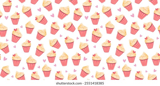 Bolo com corações. Comida, sobremesa, bolo de creme doce, cupcake, muffin. Padrão. Dia dos Namorados, casamento, Dia de doces. Decoração de férias, design para embalagem, pastelaria, papel de parede, têxtil. 