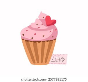 Cake with hearts. Hand lettering, love. Food, baking, dessert. Sweet cream cake. Sweets day. Valentine's day, wedding, holiday decor. Design for cards.