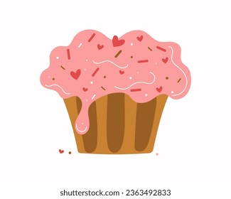 Pastel y corazones. Día de los Dulces. Pastel de crema dulce. Día de San Valentín, boda, decoración.  Diseño para tarjetas. Ilustración vectorial. Fondo aislado.	