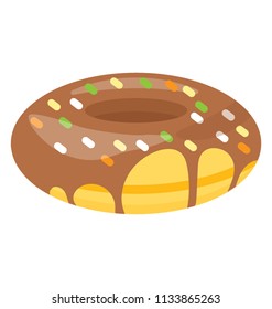 A cake with hole, dipped in chocolate and some sprinkles over it, icon for donut 