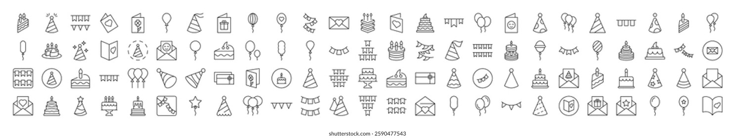 Cake, Holiday Hat, Postcard, Garland, Balloon Outline Simple Linear Image Collection. Editable Stroke. Suitable for Web Sites, Books, Cards, Apps
