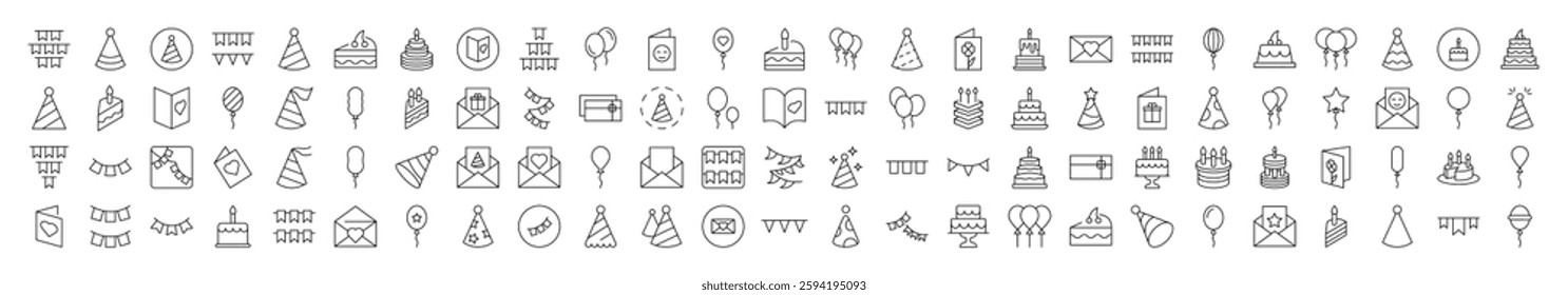 Cake, Holiday Hat, Postcard, Garland, Balloon Collection of Thin Icons. Editable Stroke. Suitable for Web Sites, Books, Cards, Apps
