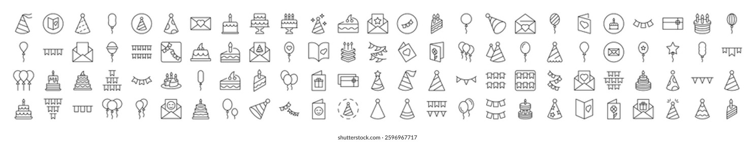 Cake, Holiday Hat, Postcard, Garland, Balloon Set of Thin Icons. Editable Stroke. Suitable for Web Sites, Books, Cards, Apps 