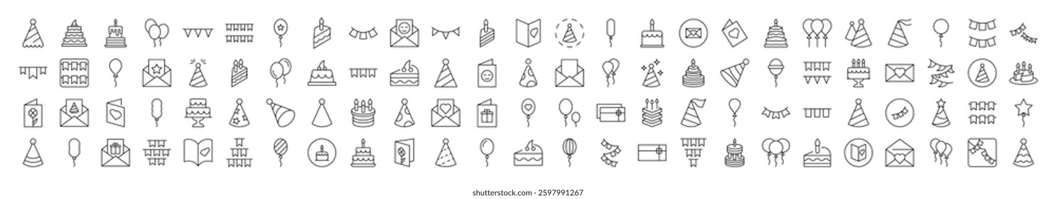 Cake, Holiday Hat, Postcard, Garland, Balloon Pack of Thin Icons. Editable Stroke. Suitable for Web Sites, Books, Cards, Apps
