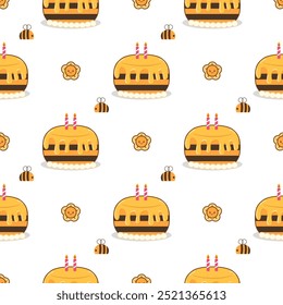Cake honey bee cartoon so cute. On flower white background. Pattern seamless vector illustration. 
