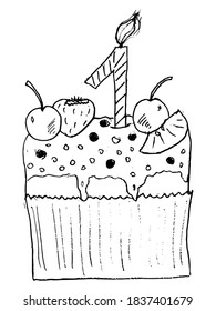 Cake in honor of the first anniversary of birth. Pie with the number one. Vector image in primitive style. Can be used in printing and web design