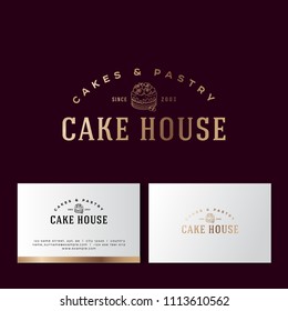 Cake House Gold Logo. Cakes And Pastry Emblem. Bakery And Cafe Logo. A Beautiful Cake And Letters. Business Card And Pattern.