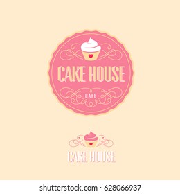 Cake House Logo. Baking And Bakery Emblem. Pink Badge With Cake And Letters.