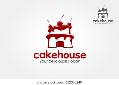 Cake house Logo Template. This sign is a cute sign that consists of cake icon, decorative design elements and delicious slogan.