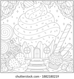 Cake house with sugar candy and strawberry. Learning and education coloring page illustration for adults and children. Outline style, black and white drawing