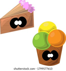 Cake and ice cream in cartoon style. It can be used for postcards, icons, children's prints for things, covers for notebooks, puzzles, decoration of boxes for toys, notebooks and etc.