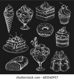 Cake and ice cream chalk sketch on blackboard. Cake, cupcake, donut, ice cream cone and sundae dessert, muffin, fruit pudding, berry pie, chocolate swiss roll for bakery and pastry menu board design