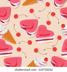 Cake, ice cream and cherries. Seamless pattern on light background. Design for textile, wrapping paper.