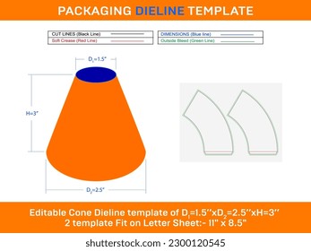 Cake Ice cream cone D1 1.5xD2 2.5xH 3 inch Dieline Template