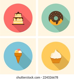 cake, ice cream, cupcake and donut. flat style vector icons set
