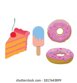 Cake, ice cream, donut, doodles set on white background, vector illustration