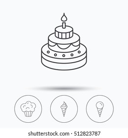 Cake, ice cream and muffin icons. Sweets linear sign. Linear icons in circle buttons. Flat web symbols. Vector