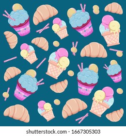 cake. ice cream.  pattern on a dark blue background
