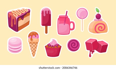 Cake and ice cream stickers. Sweet piece of cake with cream and sundae in cone. Fruit frosting cupcake and lollipop. Strawberry marshmallow cubes with milkshake in a cup with a straw. Vector cartoon