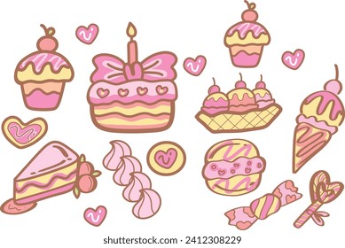 Cake , Ice crean, cupcake ,Macaron layer  Hand drawn doodle vector illustration. pastel them white background