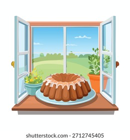 Un pastel con glaseado se sienta en un plato junto a una ventana abierta. Plantas en macetas flanquean la ventana, con vistas a un paisaje verde bajo un cielo azul.