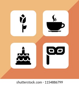 cake icon. 4 cake set with hot coffee rounded cup on a plate from side view, birthday and party and happy birthday vector icons for web and mobile app