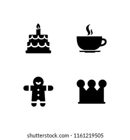 cake icon. 4 cake set with hot coffee rounded cup on a plate from side view, dessert, happy birthday and birthday and party vector icons for web and mobile app