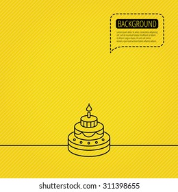 Cake icon. Birthday delicious dessert sign. Sweet food with candle symbol. Speech bubble of dotted line. Orange background. Vector
